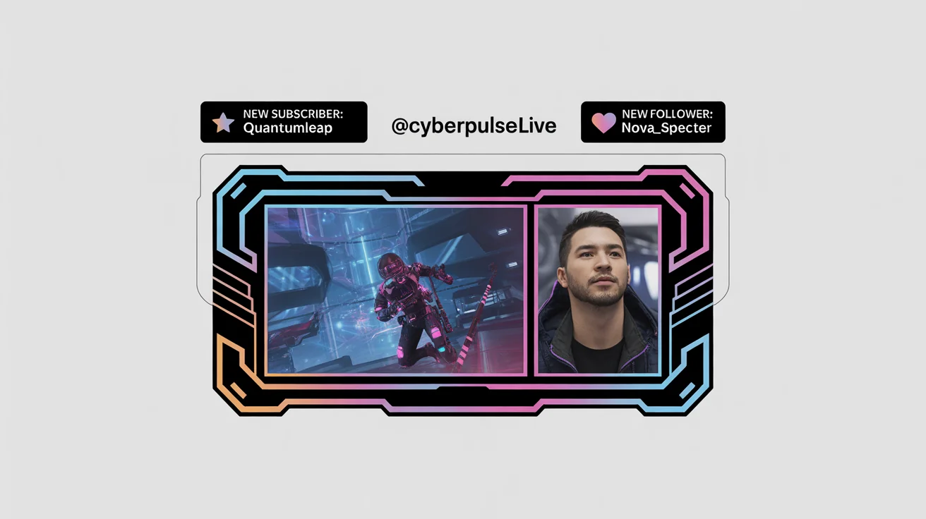 A mockup of a futuristic, neon-themed stream overlay for gamers, showing a webcam frame and alert boxes for new followers and subscribers over a sci-fi game scene.