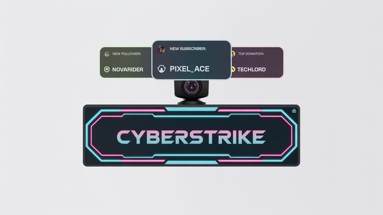 A professional mockup of a futuristic stream overlay for a gamer. It features a webcam frame, notification boxes for followers and subscribers, and a central banner with the fictional name 'CYBERSTRIKE', all set against a clean white background.