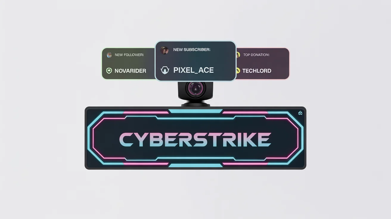 A professional mockup of a futuristic stream overlay for a gamer. It features a webcam frame, notification boxes for followers and subscribers, and a central banner with the fictional name 'CYBERSTRIKE', all set against a clean white background.