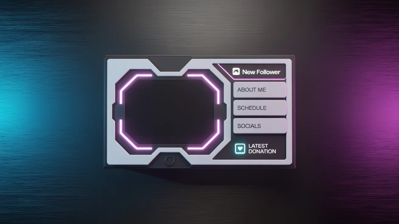 A mockup of a futuristic stream overlay package with a dark metal and neon blue and magenta design, displayed on a clean white background. The kit includes a webcam frame, alert boxes, and panels.