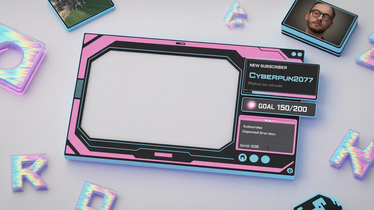 A mockup of a futuristic stream overlay package with neon pink and blue designs, displayed on a white background, including frames for a webcam, chat, and alerts.