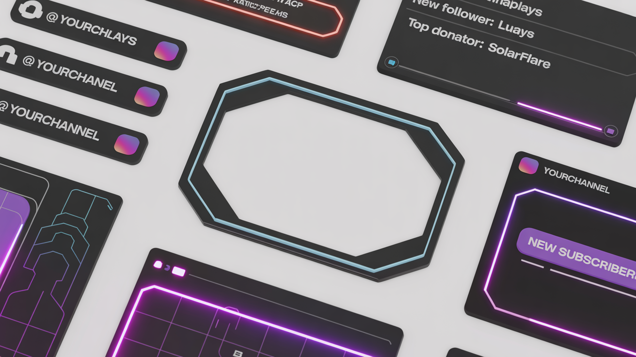 A professional mockup of a futuristic gaming stream overlay kit in blue, purple, and pink, showing a webcam frame, banners, and alert boxes on a clean white background.