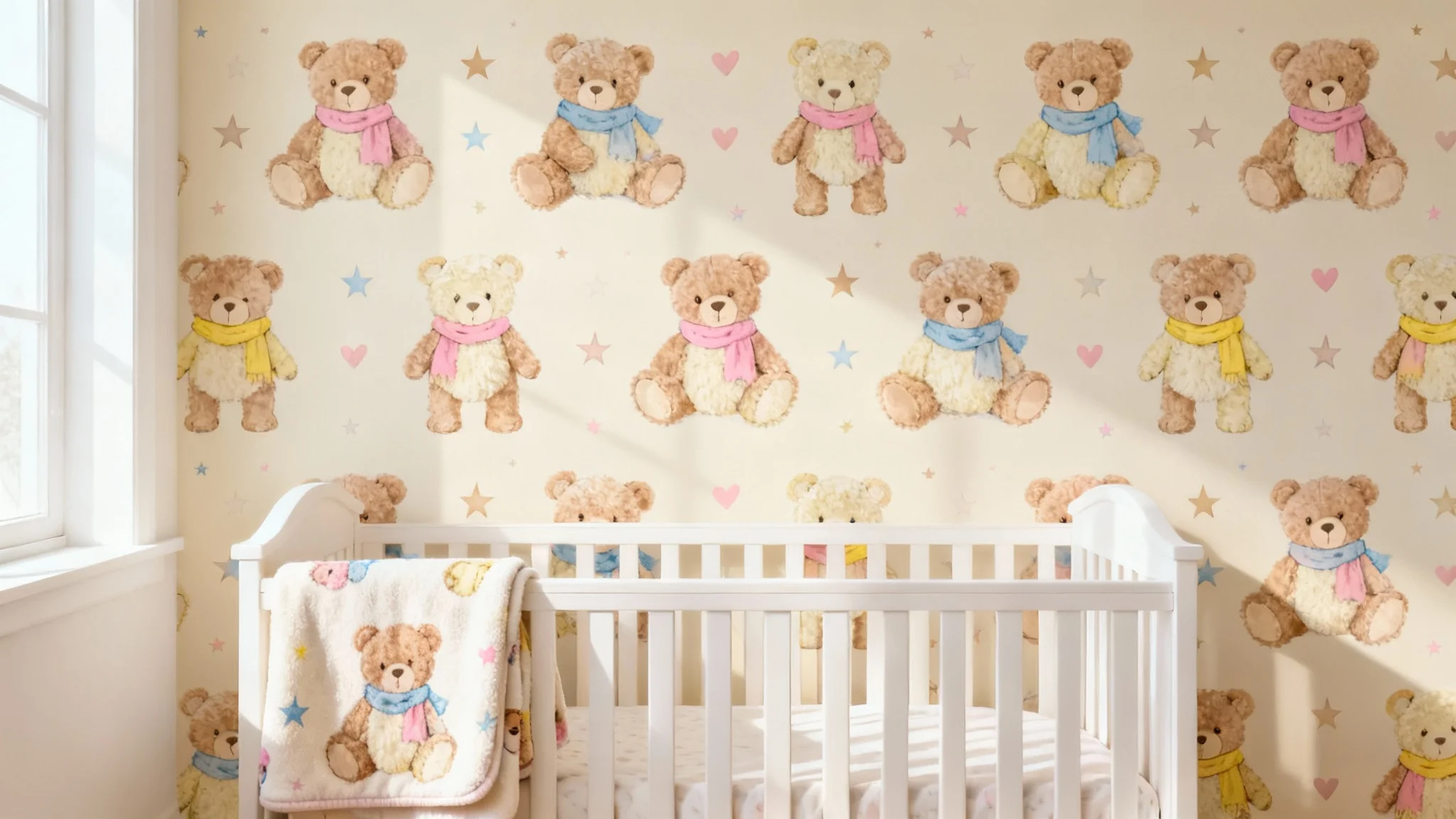 A bright, beautifully styled nursery corner featuring wallpaper and a matching baby blanket decorated with a charming repeating pattern of pastel-colored teddy bears.
