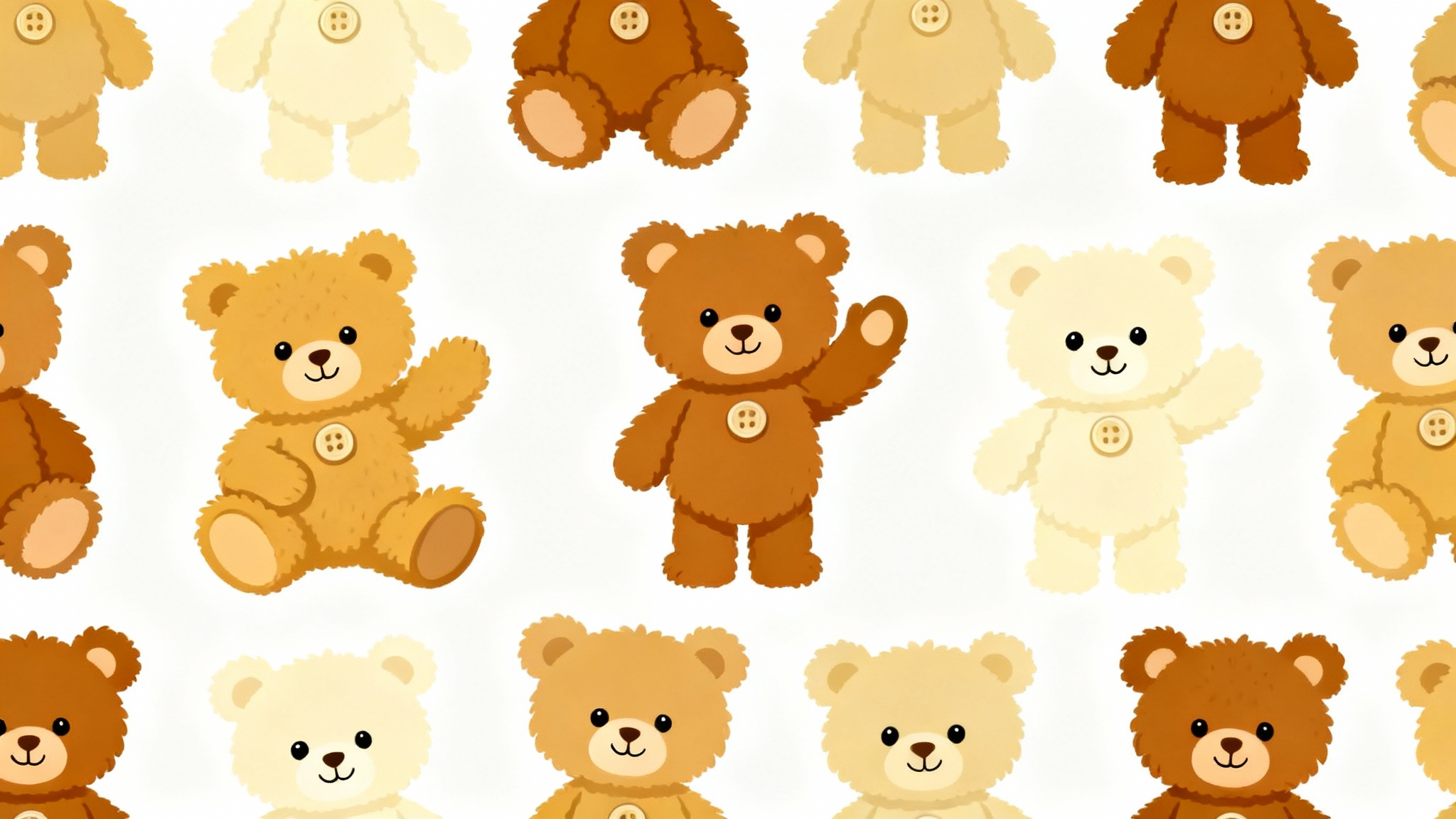 A seamless pattern featuring cute, illustrated teddy bears in various poses against a plain white background, evoking a sense of warmth and comfort.