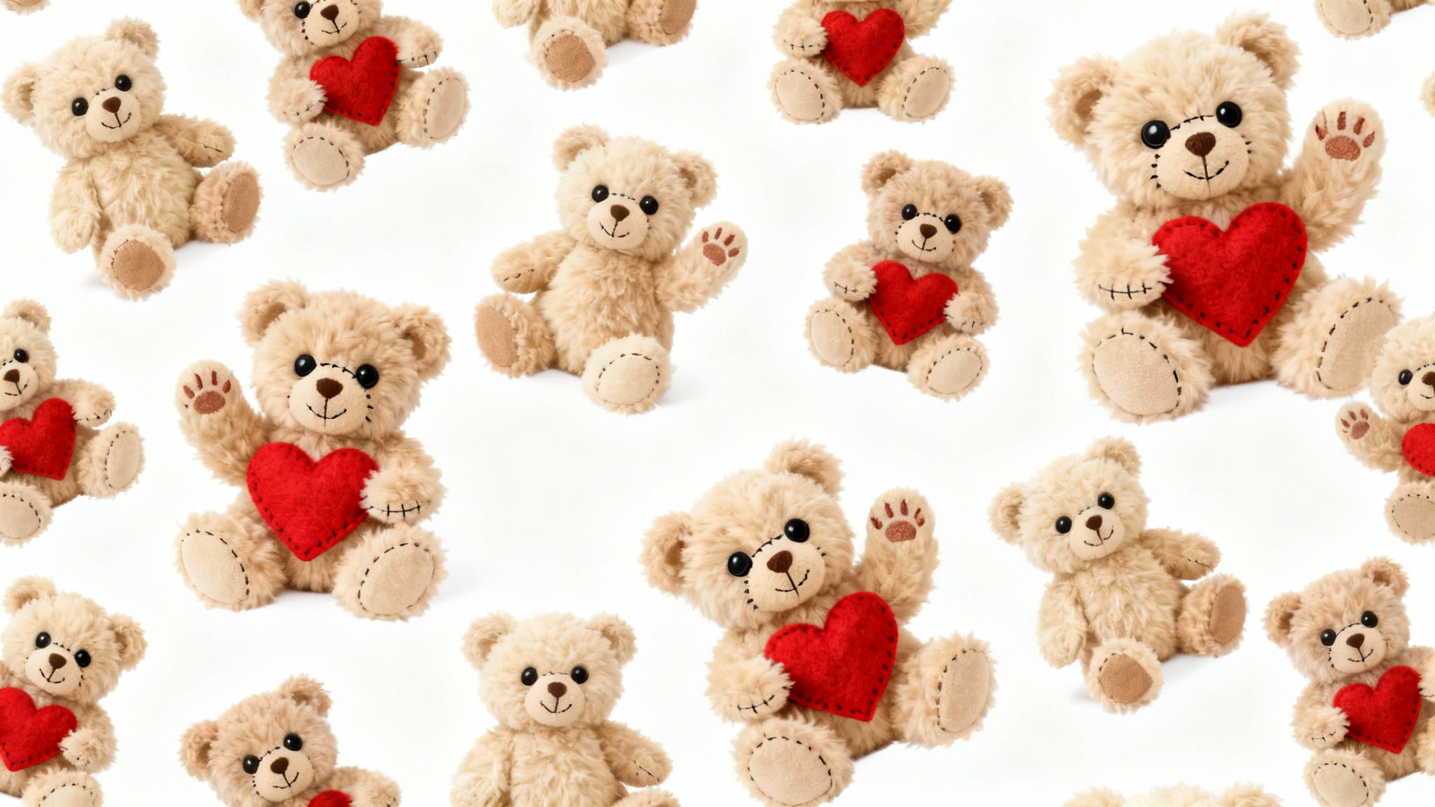 A seamless and repeating pattern of cute, fluffy teddy bears in various poses against a solid white background, creating a sweet and gentle design.