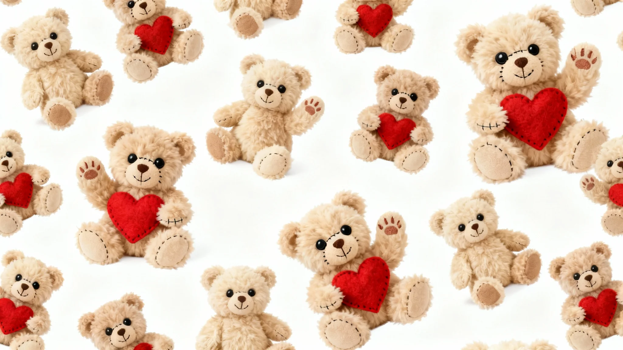 A seamless and repeating pattern of cute, fluffy teddy bears in various poses against a solid white background, creating a sweet and gentle design.