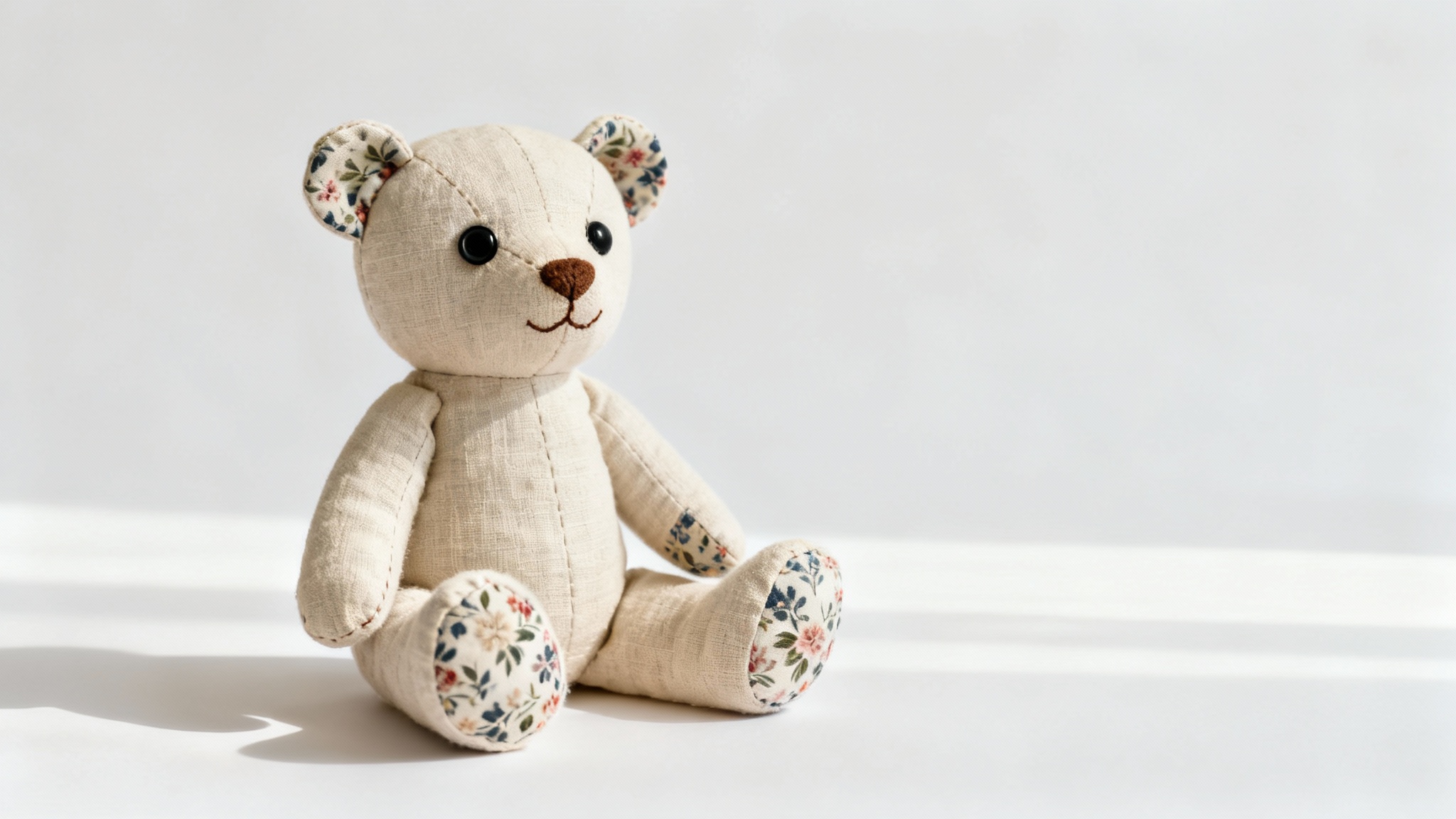 A photo of a handmade teddy bear sewn from light beige linen, with floral fabric on its paws and ears, sitting against a solid white background.