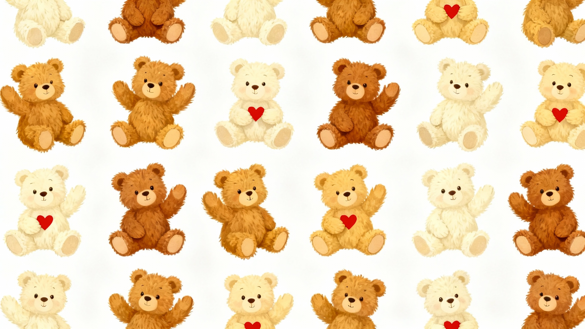 A seamless, repeating pattern of cute, cartoon-style teddy bears in brown and cream colors against a plain white background, with some bears holding red hearts.