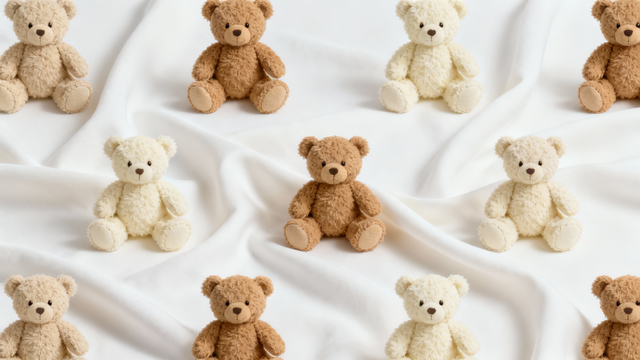 A swatch of fabric printed with a charming, repeating pattern of cute teddy bears in soft brown and beige tones, displayed against a clean white background.