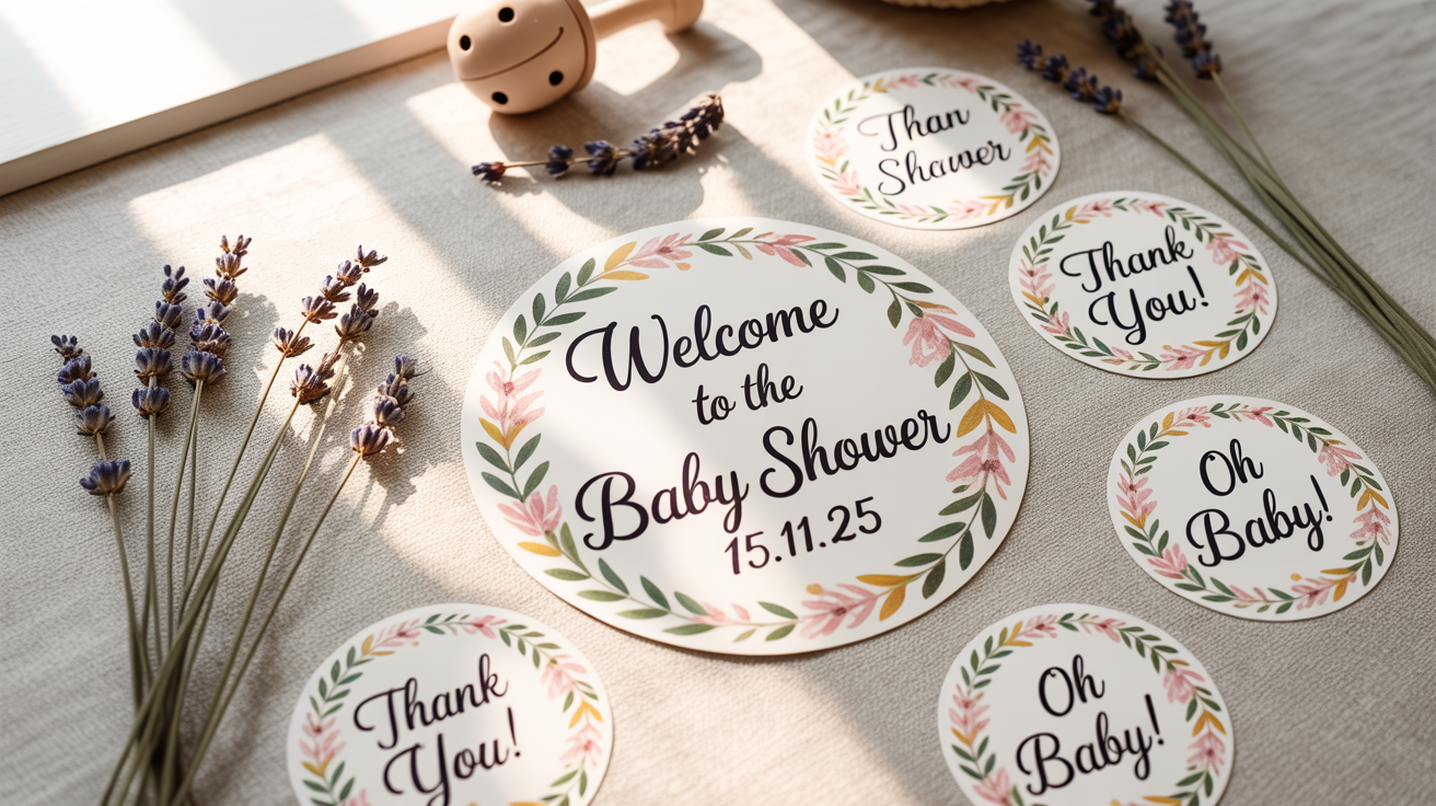 A flat lay photograph of several round baby shower stickers with a floral theme. The stickers feature pastel flower wreaths and text in a lavender cursive font, including 'Welcome to the Baby Shower' and 'Thank You!'.