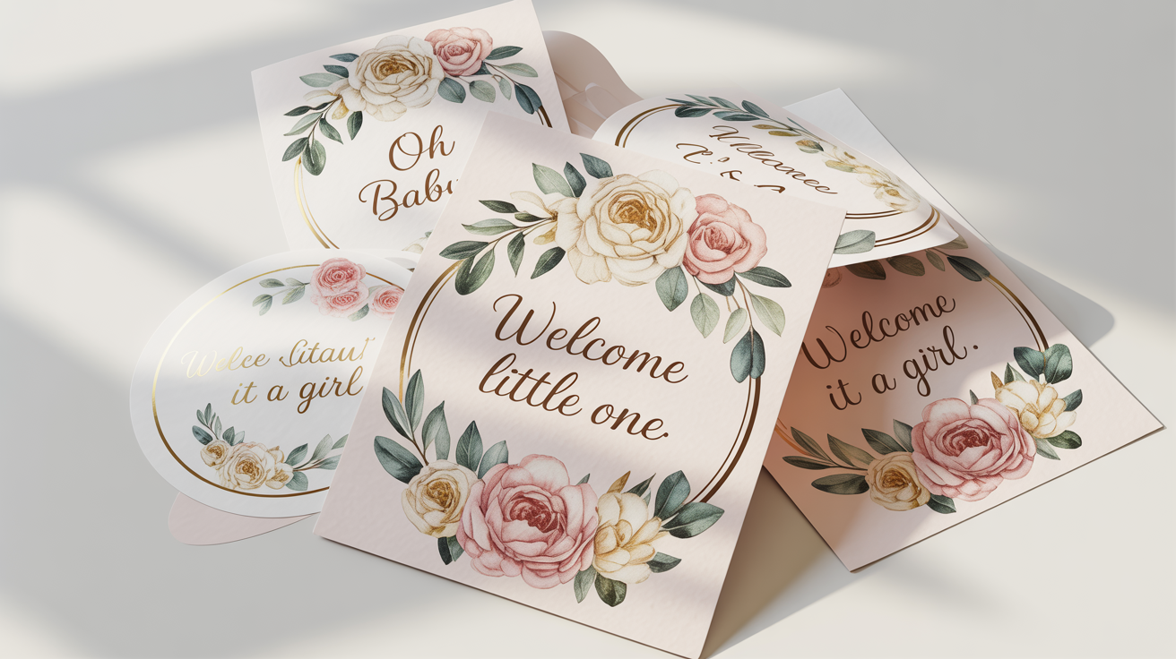 A collection of round, floral baby shower stickers scattered on a white surface. The stickers feature watercolor flowers and text such as 'Oh Baby!' and 'Welcome Little One'.