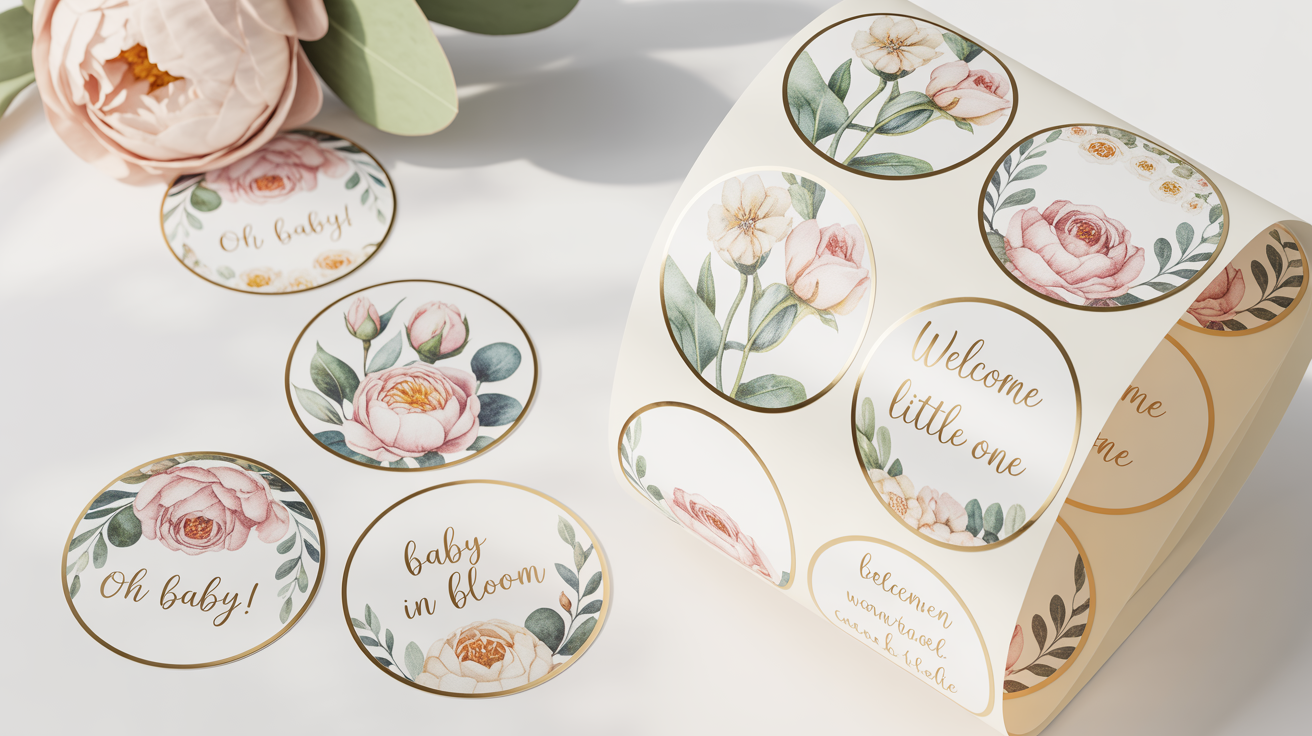 A top-down view of several floral baby shower stickers on a white background, featuring watercolor flowers in pastel pink and green, with some reading 'Oh Baby!' and 'Welcome Little One'.