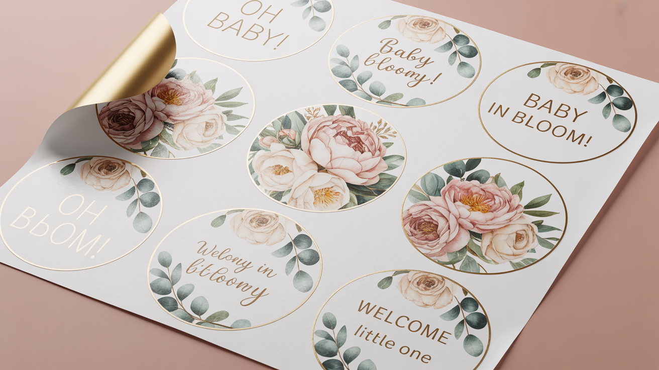 A collection of round floral baby shower stickers with watercolor peonies and text like 'Oh Baby!' and 'Baby in Bloom', displayed on a clean white background.