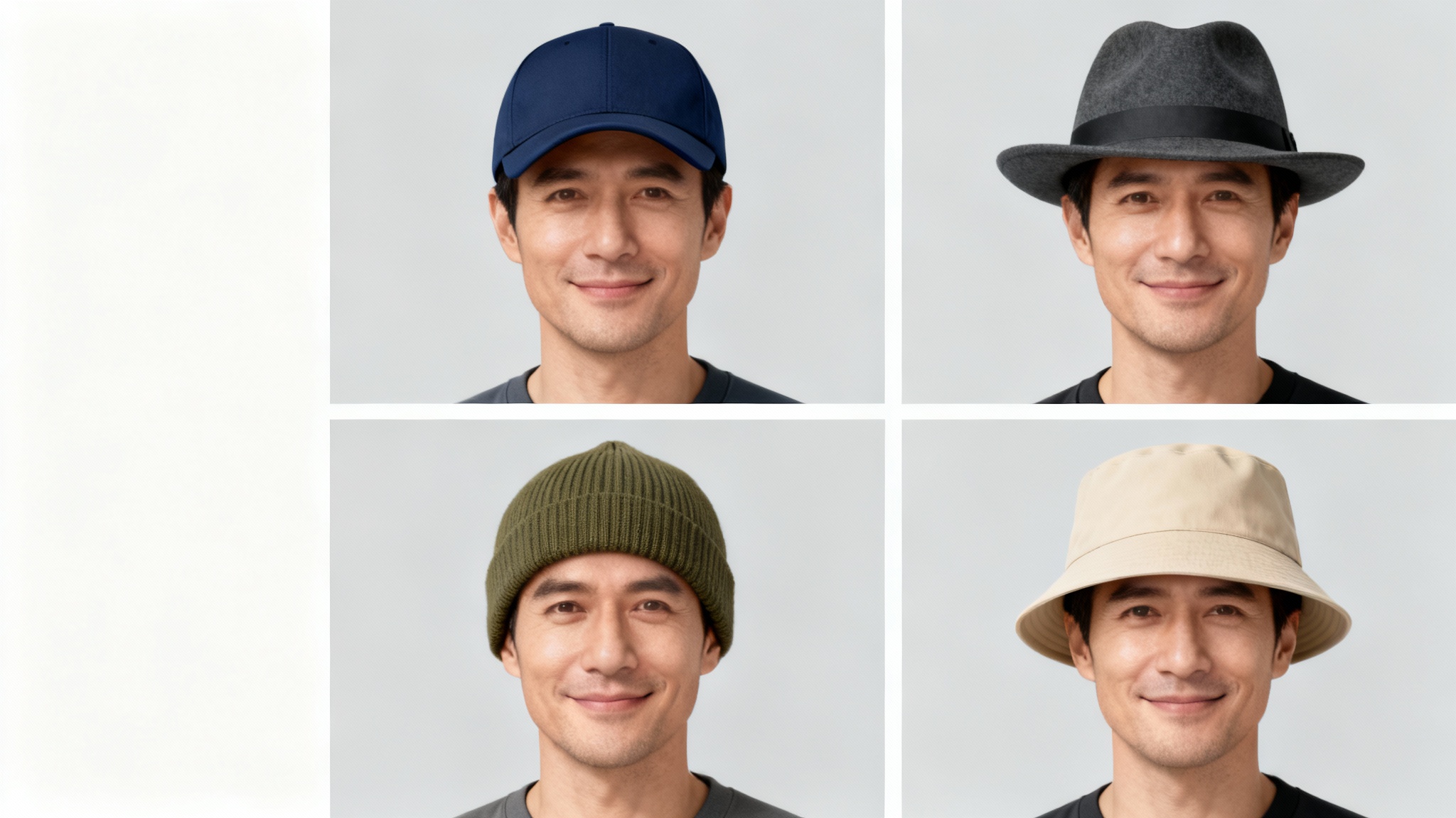 A four-panel grid image demonstrating a virtual hat try-on for men. The same man is shown in each panel wearing a different, realistically rendered hat: a baseball cap, a fedora, a beanie, and a bucket hat.