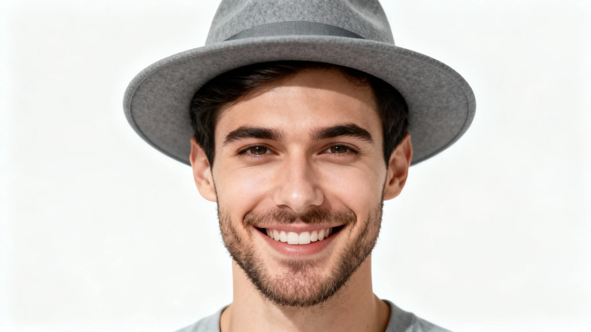 A photorealistic mockup of a smiling man wearing a stylish gray fedora hat, viewed from the front against a solid white background, illustrating a virtual hat try-on.
