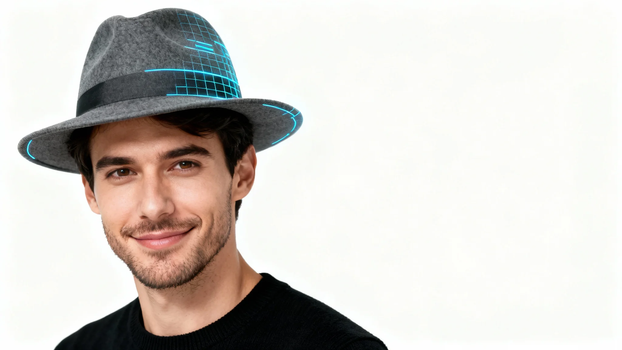 A man models a charcoal gray fedora, with faint blue digital lines overlaid on the hat to represent a virtual try-on experience.