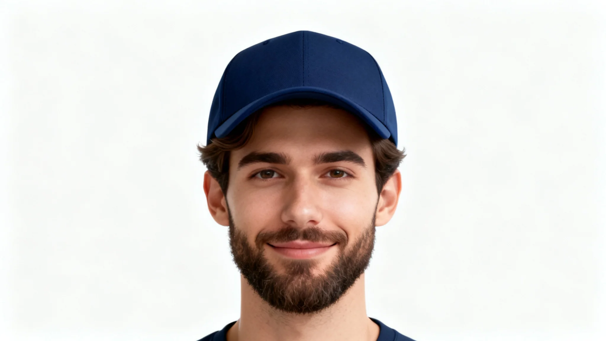 A handsome man with a beard shown from the chest up, wearing a virtually superimposed dark blue baseball cap against a solid white background, demonstrating a virtual hat try-on feature.