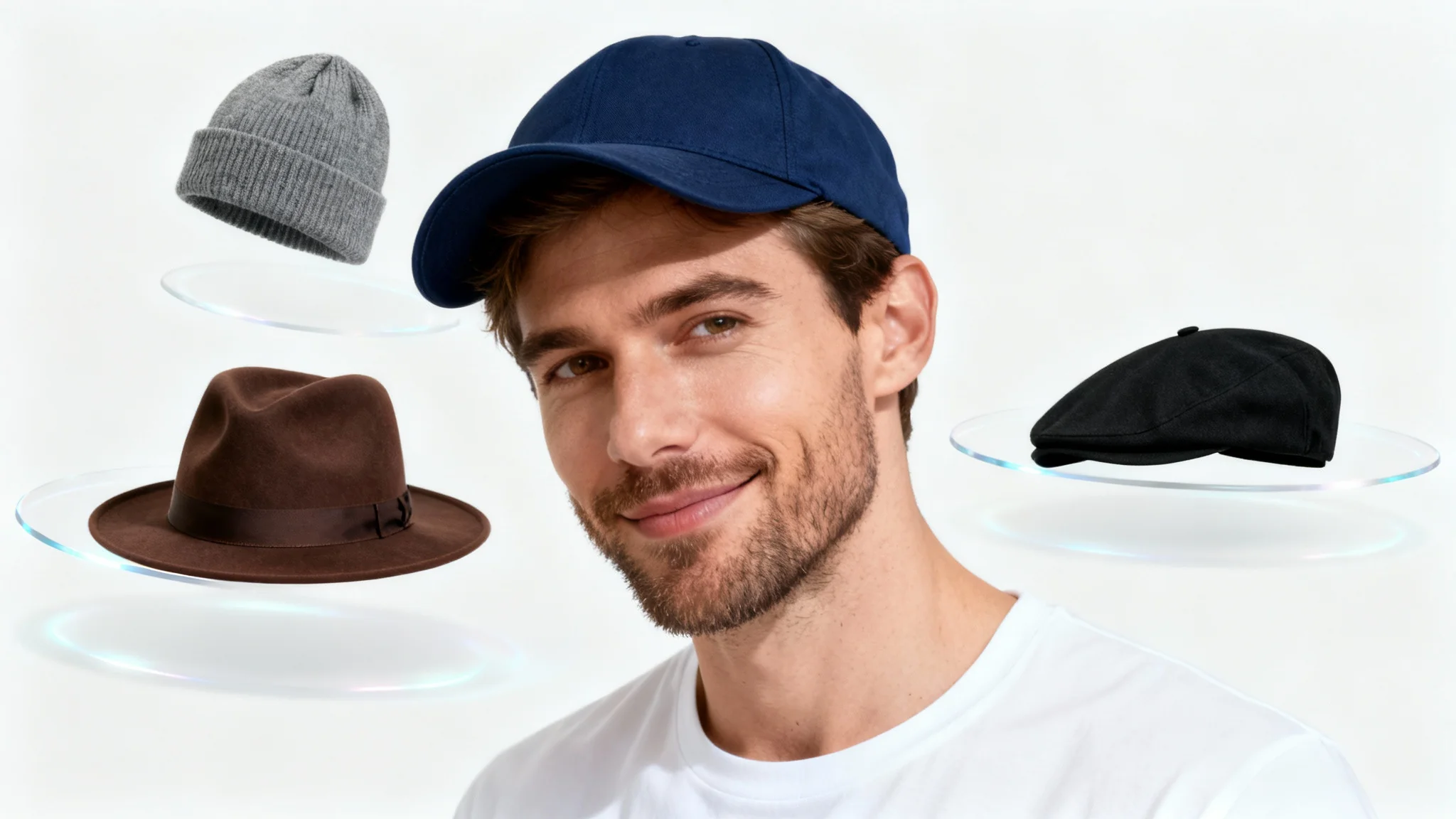 A handsome man virtually trying on a navy blue baseball cap, with other styles of hats like a beanie and a fedora floating around his head against a minimalist white background.
