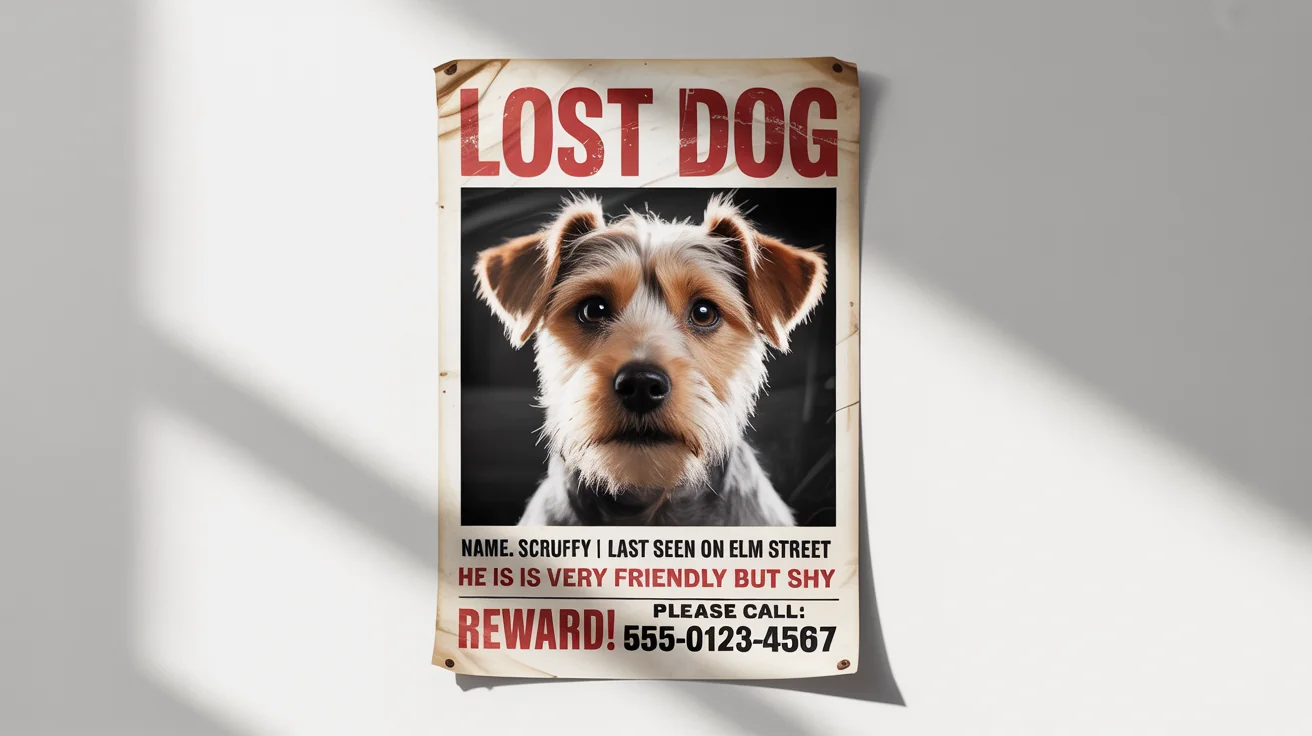 A mockup of a 'Lost Dog' poster featuring a picture of a scruffy terrier named Scruffy, with details about where it was last seen and a contact number for a reward.