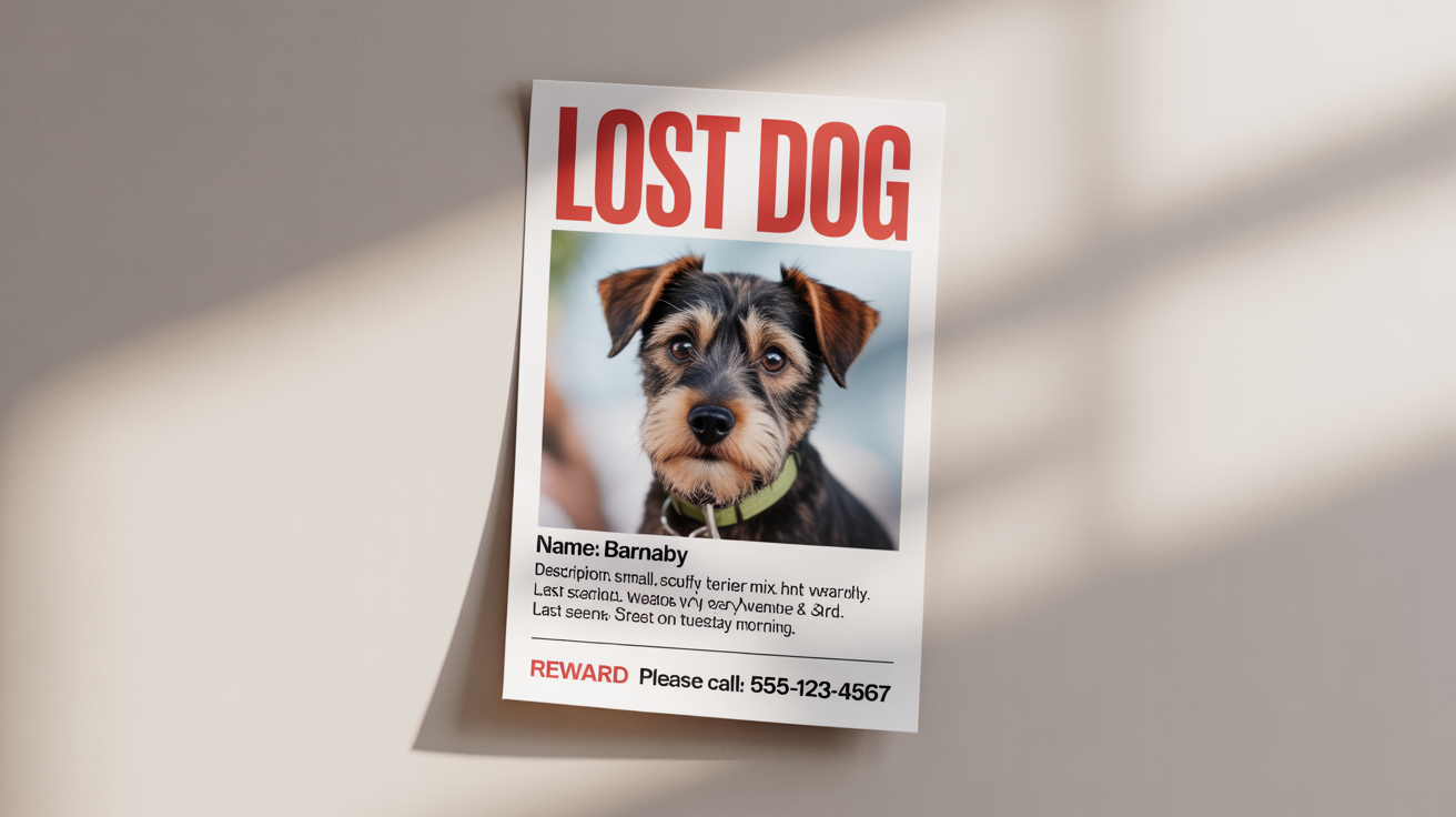 A mockup of a lost dog poster for a scruffy terrier mix named Barnaby. The poster features a photo of the dog, its description, the last seen location, and a phone number to call for a reward.