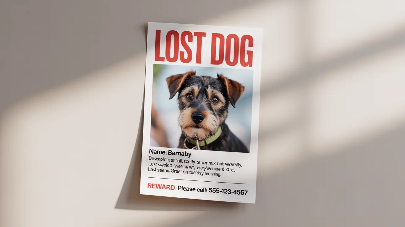A mockup of a lost dog poster for a scruffy terrier mix named Barnaby. The poster features a photo of the dog, its description, the last seen location, and a phone number to call for a reward.