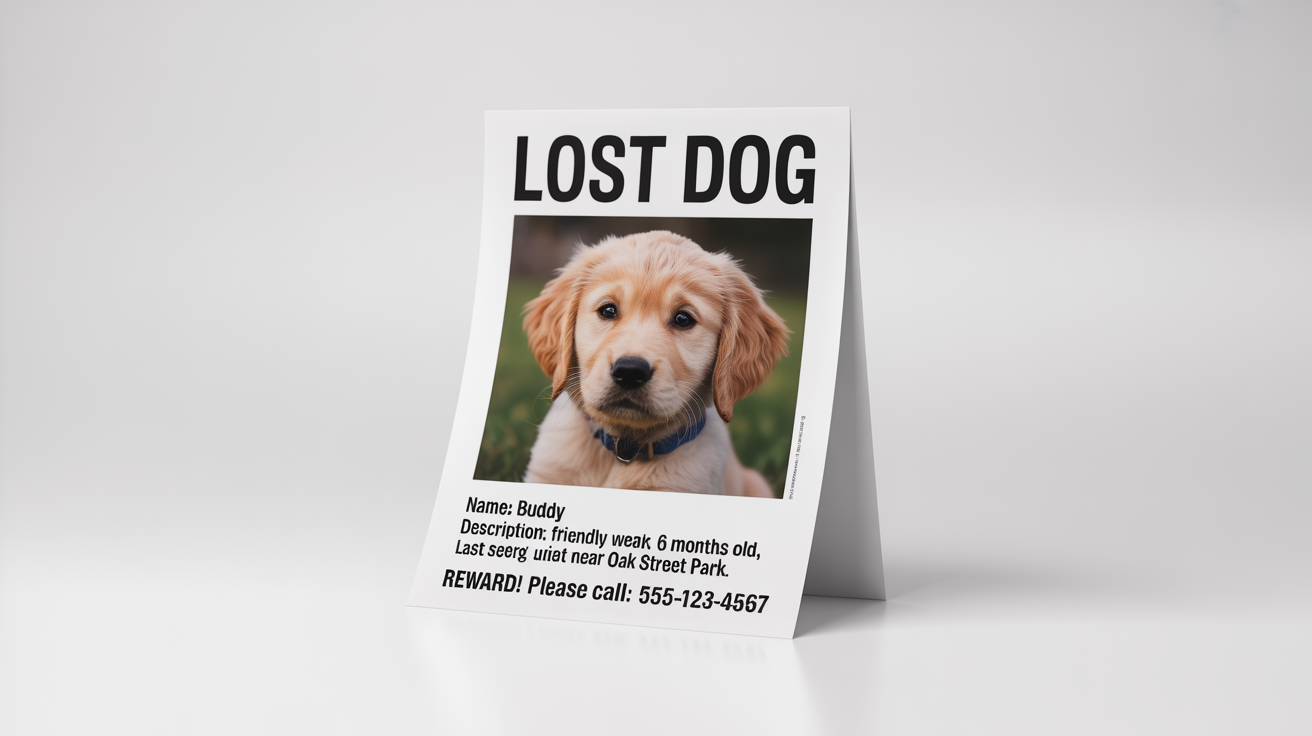 A professionally designed 'Lost Dog' poster mockup featuring a photo of a golden retriever puppy named Buddy, with details about his description and contact information for his return.