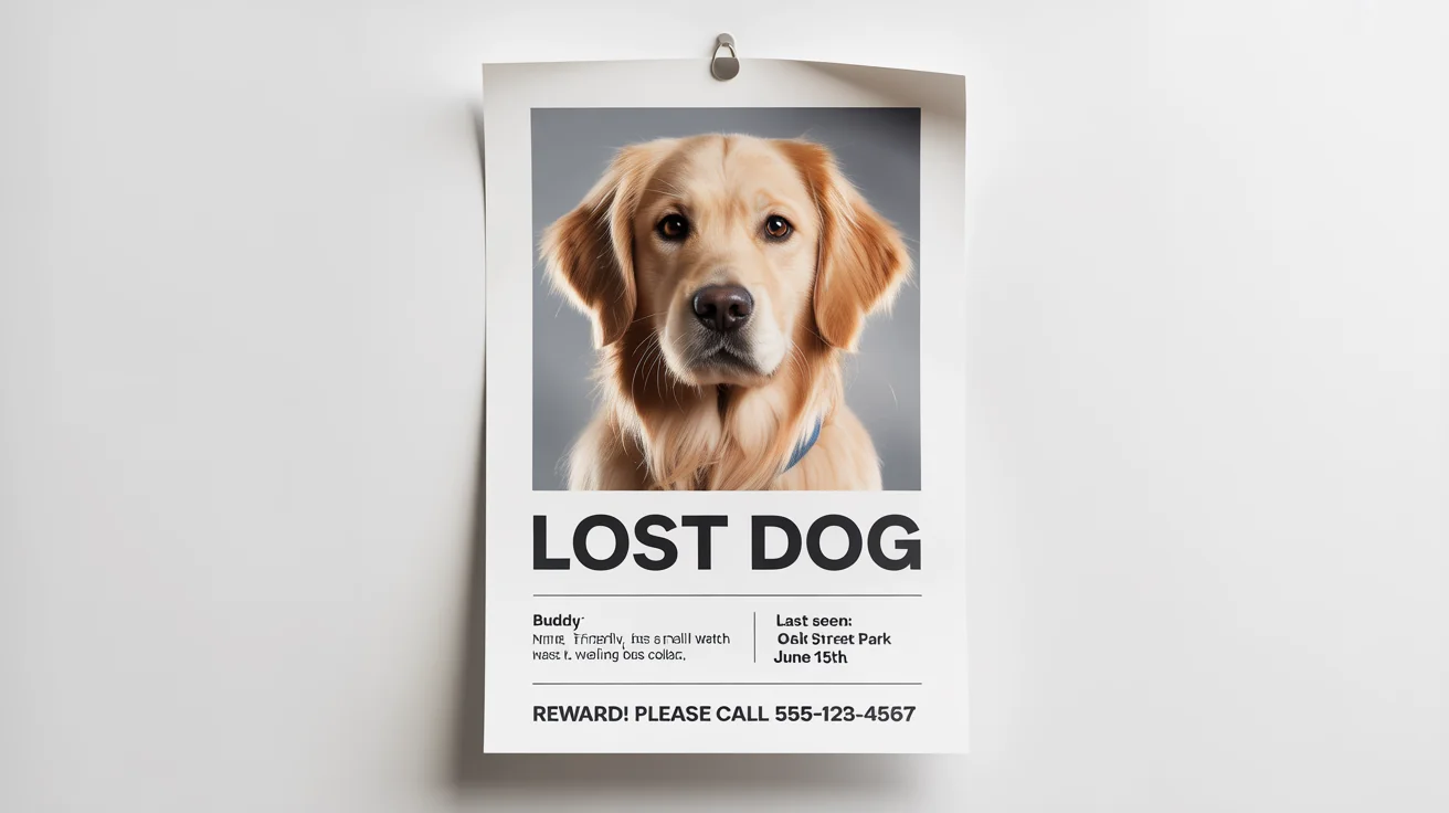 A realistic mockup of a 'Lost Dog' poster for a golden retriever named Buddy. The poster includes a photo of the dog, descriptive details, the last seen location, and a contact number for a reward.
