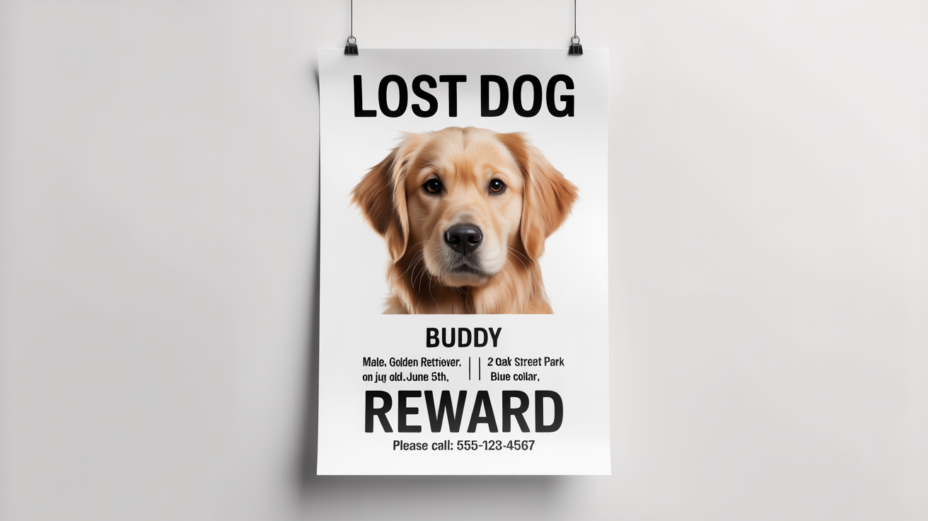 A mockup of a lost dog poster for a golden retriever named Buddy, showing his photo and contact information for a reward.