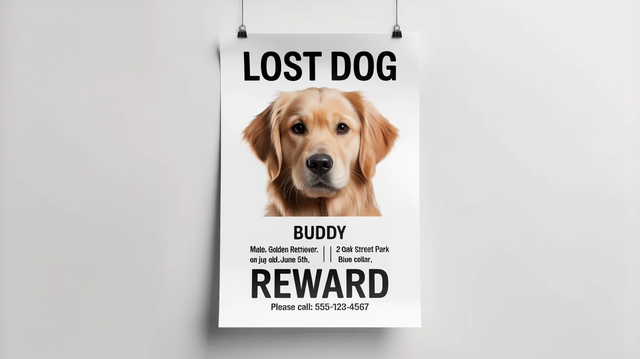 A mockup of a lost dog poster for a golden retriever named Buddy, showing his photo and contact information for a reward.
