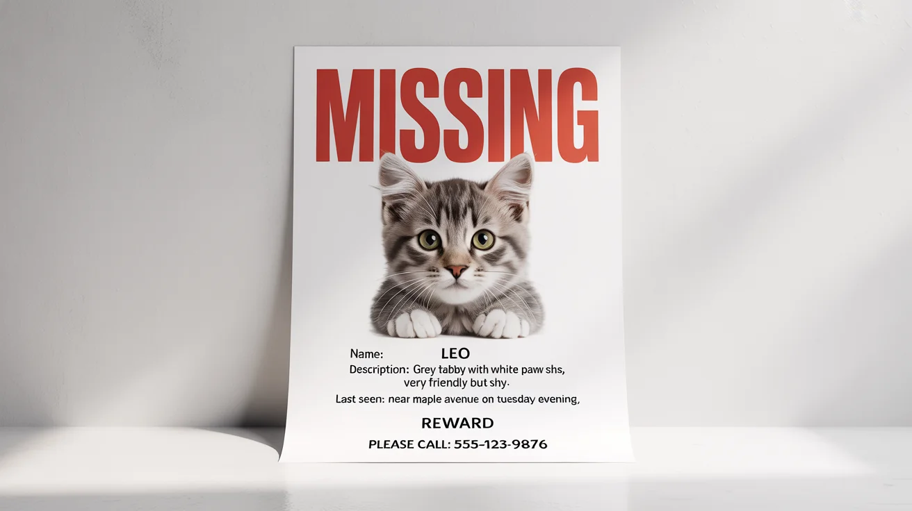 A mockup of a missing cat poster for a tabby cat named Leo, showing its picture, description, last seen location, and a contact number for a reward.
