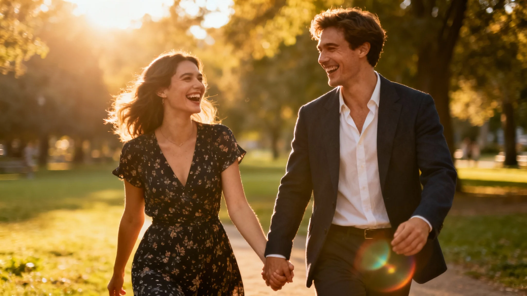 A high-quality, professional photograph of a happy couple laughing and holding hands in a park at sunset, representing the final result of a couple photo session.