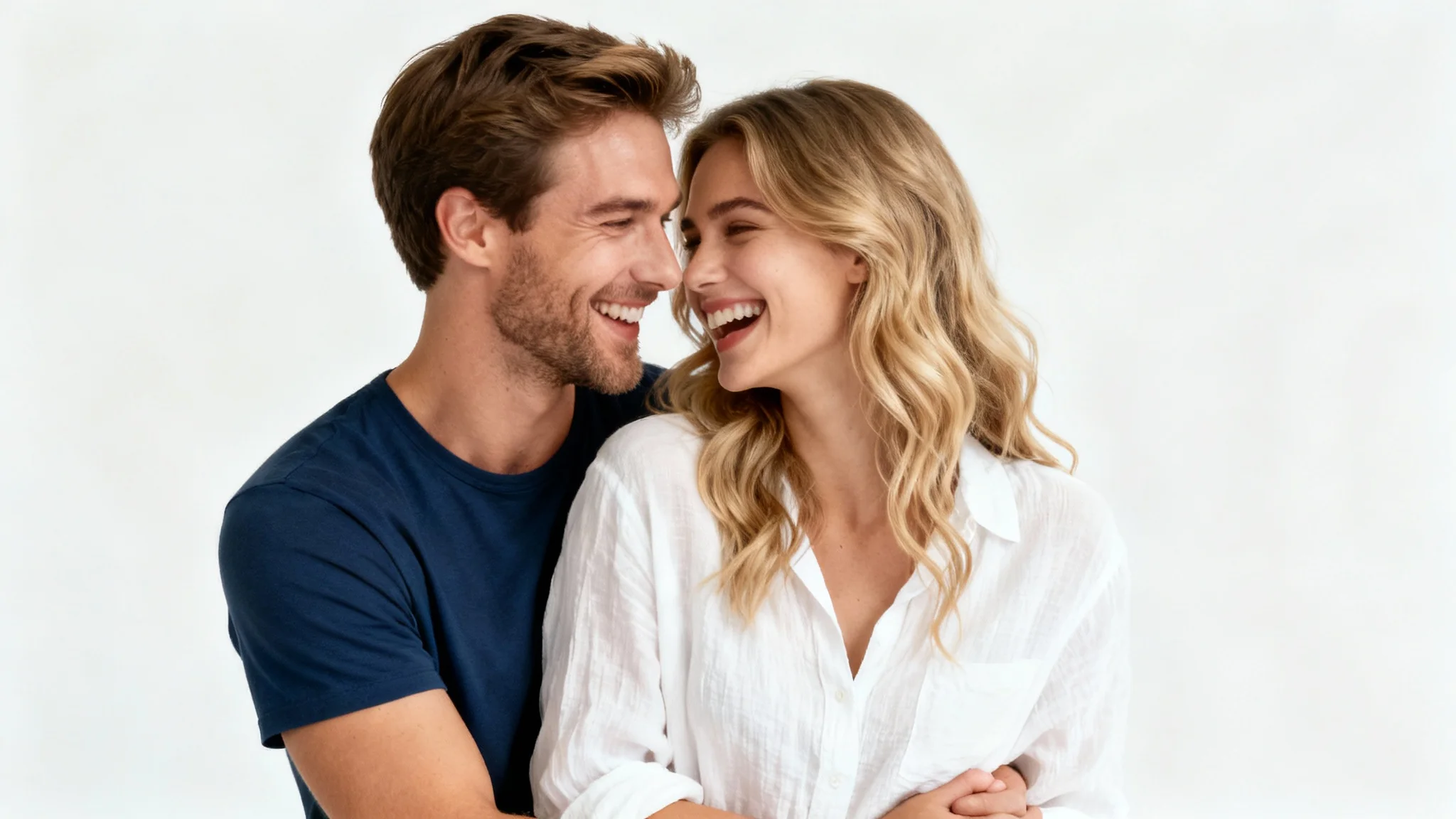 A high-quality photo of a happy young couple laughing and embracing in front of a clean white background.