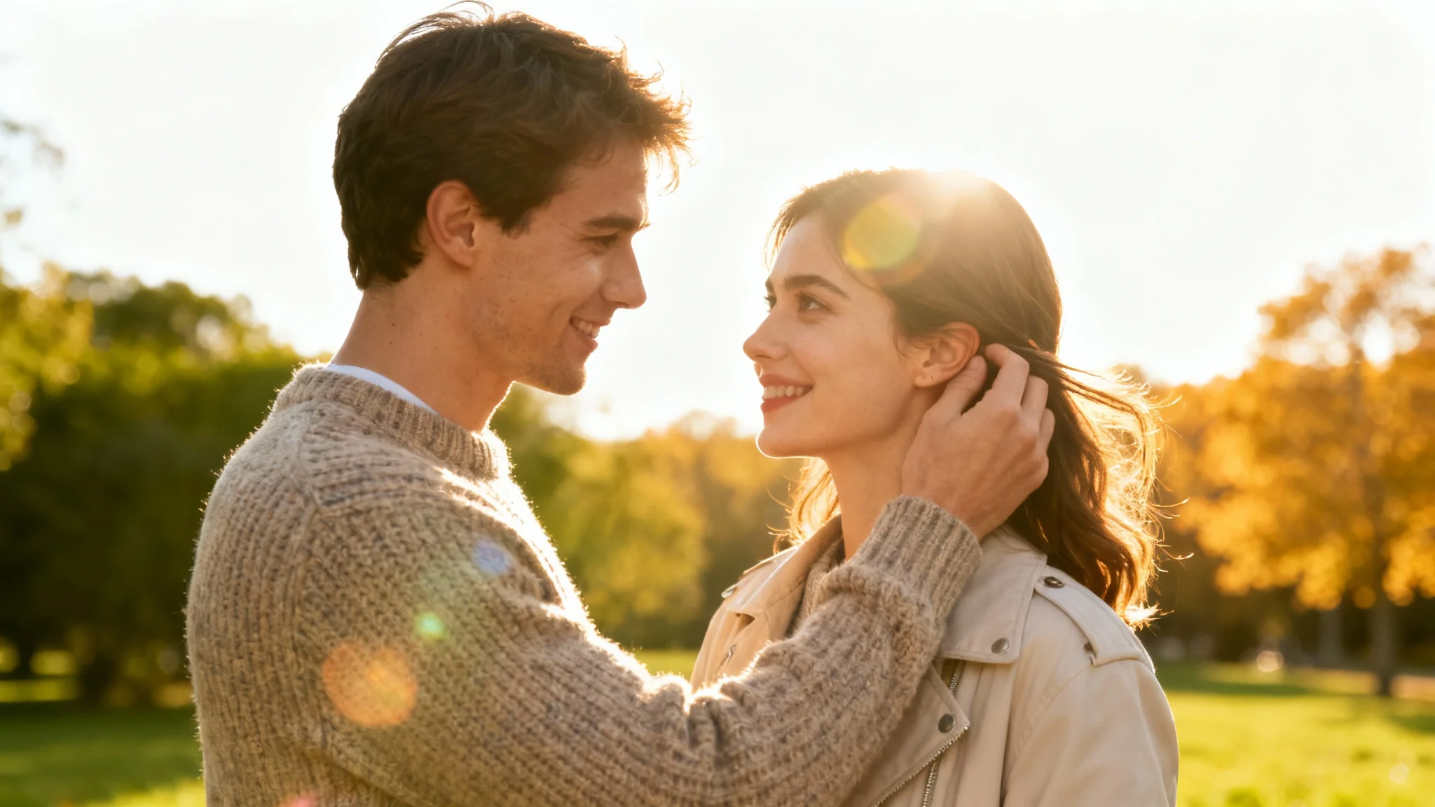 A photorealistic mockup of a happy young couple sharing an intimate moment in a park during a sunny afternoon, isolated on a white background.