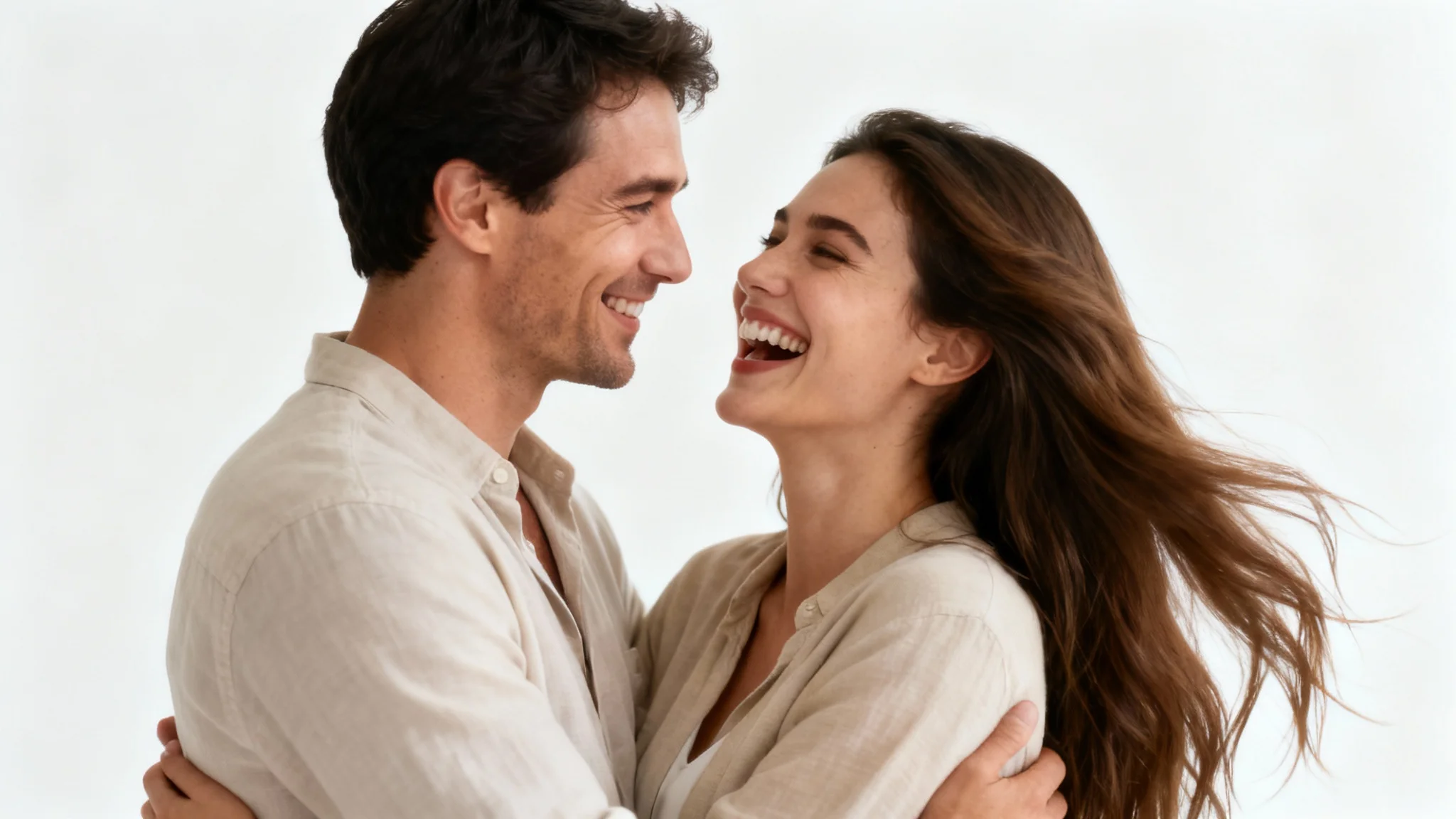 A high-quality studio photograph of a happy couple laughing and embracing each other against a clean white background, capturing a moment of genuine affection.