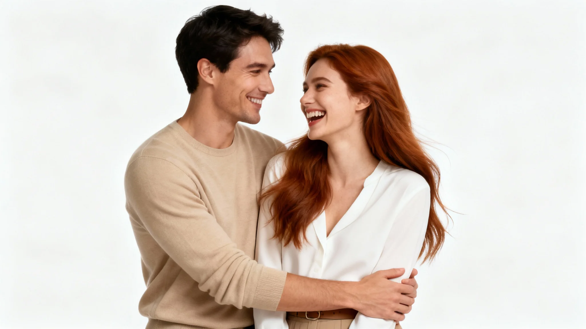 A high-quality studio photograph of a happy young couple, smiling and embracing affectionately against a clean white background.