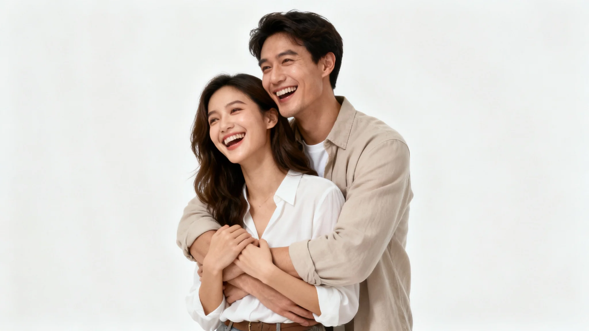 A professional photograph of a happy young couple laughing and embracing affectionately against a clean white studio background.