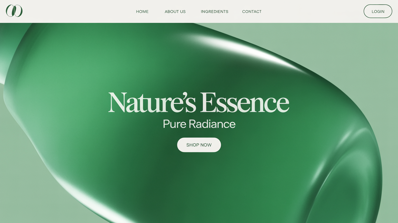 A professionally designed hero image for a natural cosmetics brand, featuring a white bottle mockup set against a beautiful emerald green gradient background, with the text 'Nature's Essence' and 'Pure Radiance'.