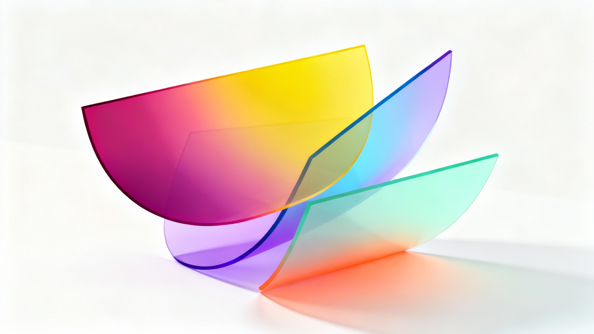 An abstract image showcasing several overlapping geometric shapes, each filled with a beautiful, smooth color gradient, set against a clean white background.