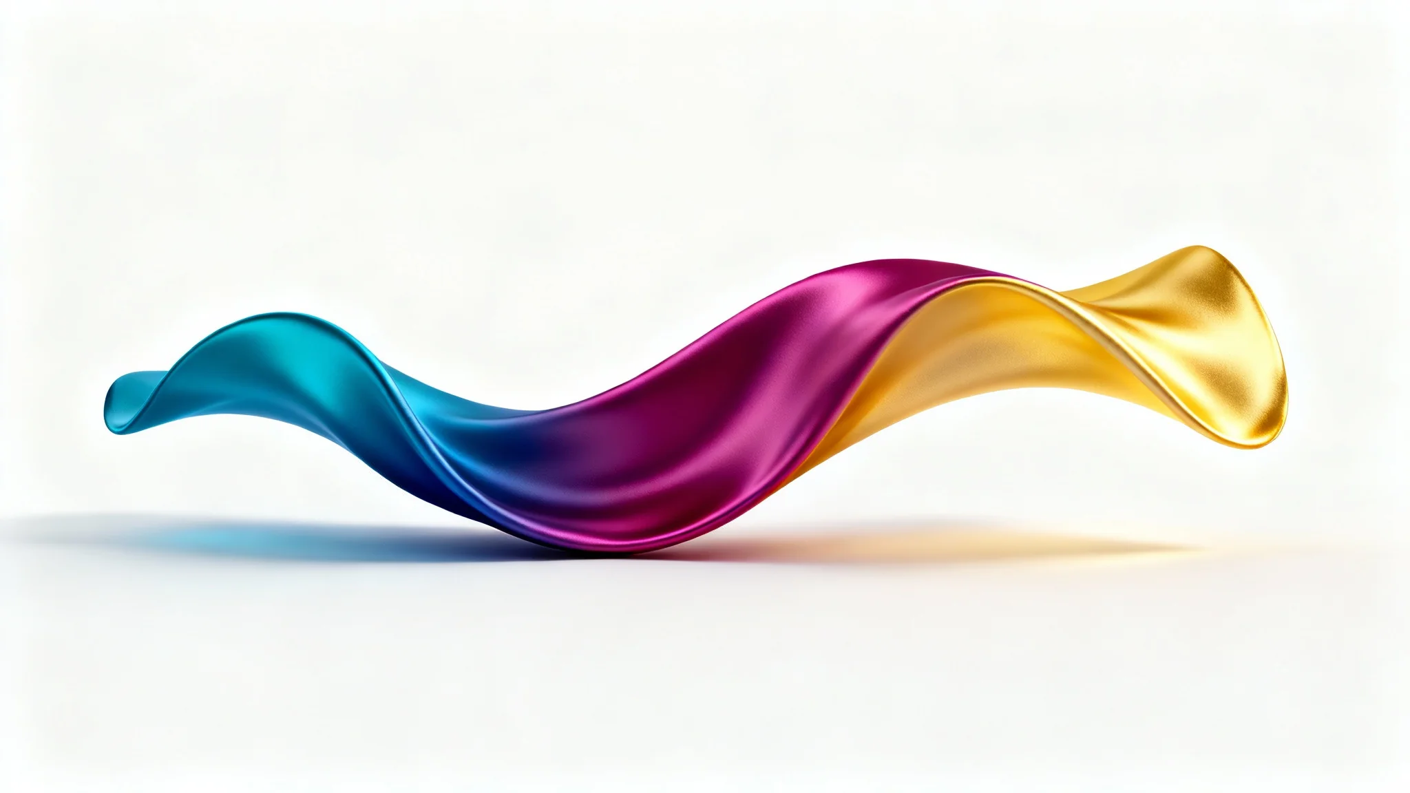 A photorealistic 3D render of a smooth, abstract shape displaying a seamless color gradient from blue to magenta to yellow, set against a plain white background.