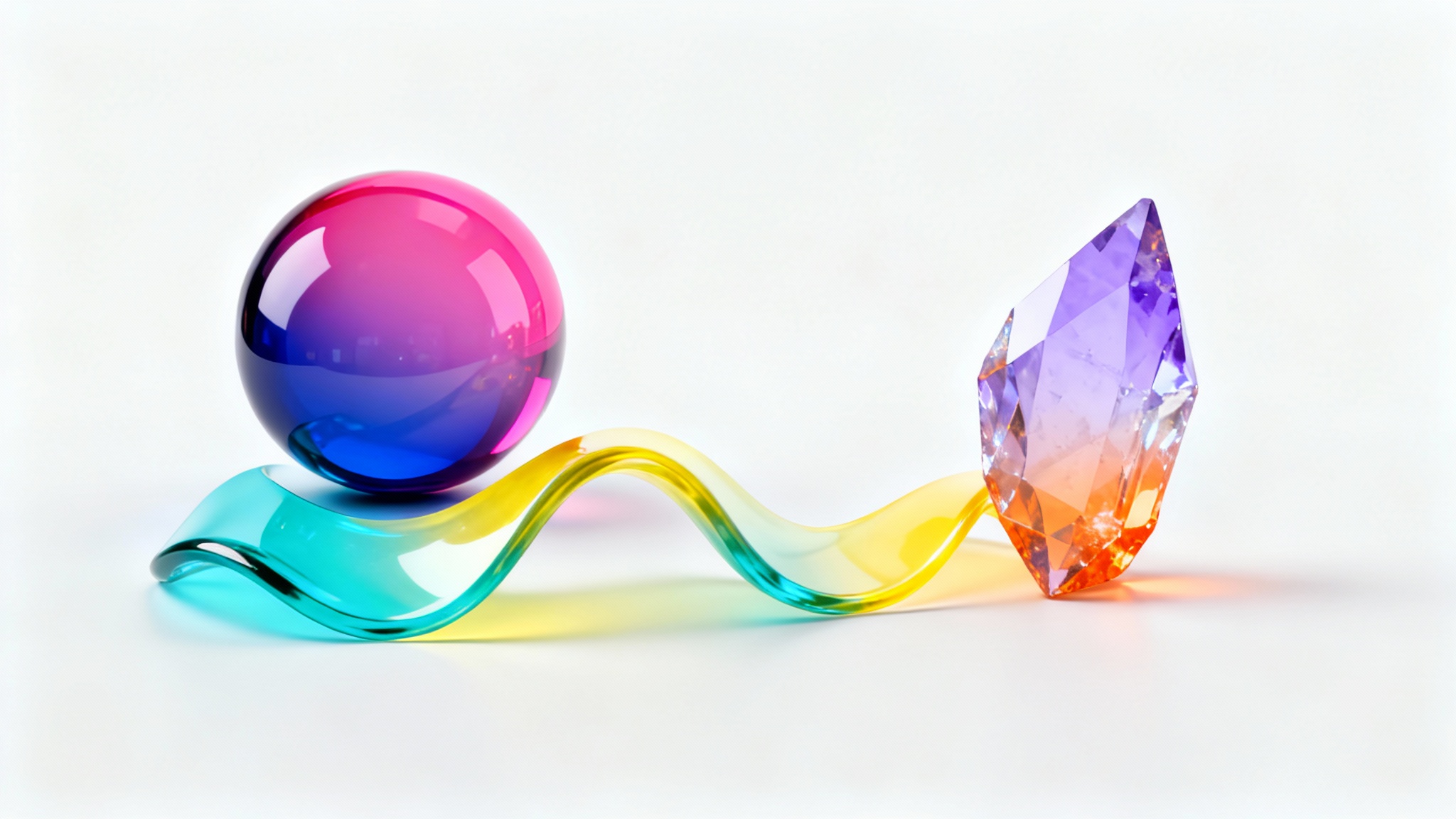A minimalist 3D rendering of various abstract glass shapes, each showcasing a unique and vibrant color gradient, floating against a stark white background.