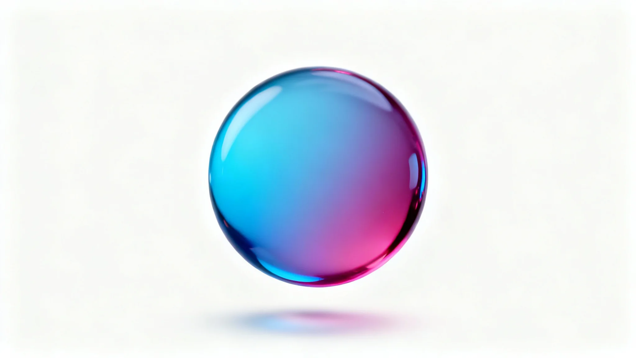 A photorealistic macro image of a single water droplet suspended against a white background, displaying a smooth color gradient from blue to magenta.
