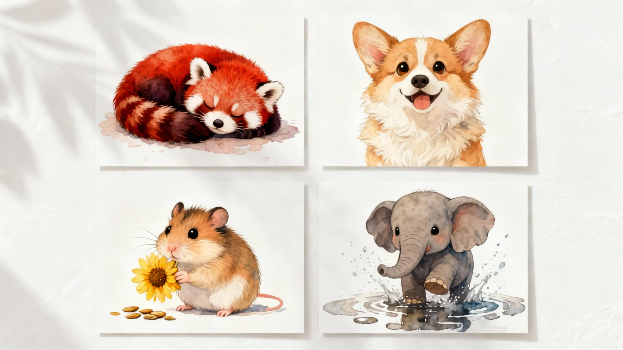 A hero image displaying a 2x2 grid of four cute animal illustrations. The art features a red panda, a corgi, a hamster, and an elephant in a beautiful, consistent digital storybook style on a clean background.