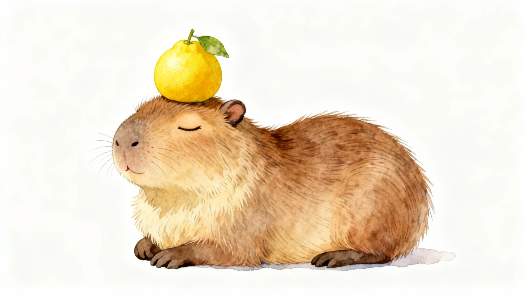 A cute watercolor illustration of a baby capybara with its eyes closed, wearing a small yellow yuzu fruit on its head like a hat, set against a white background.