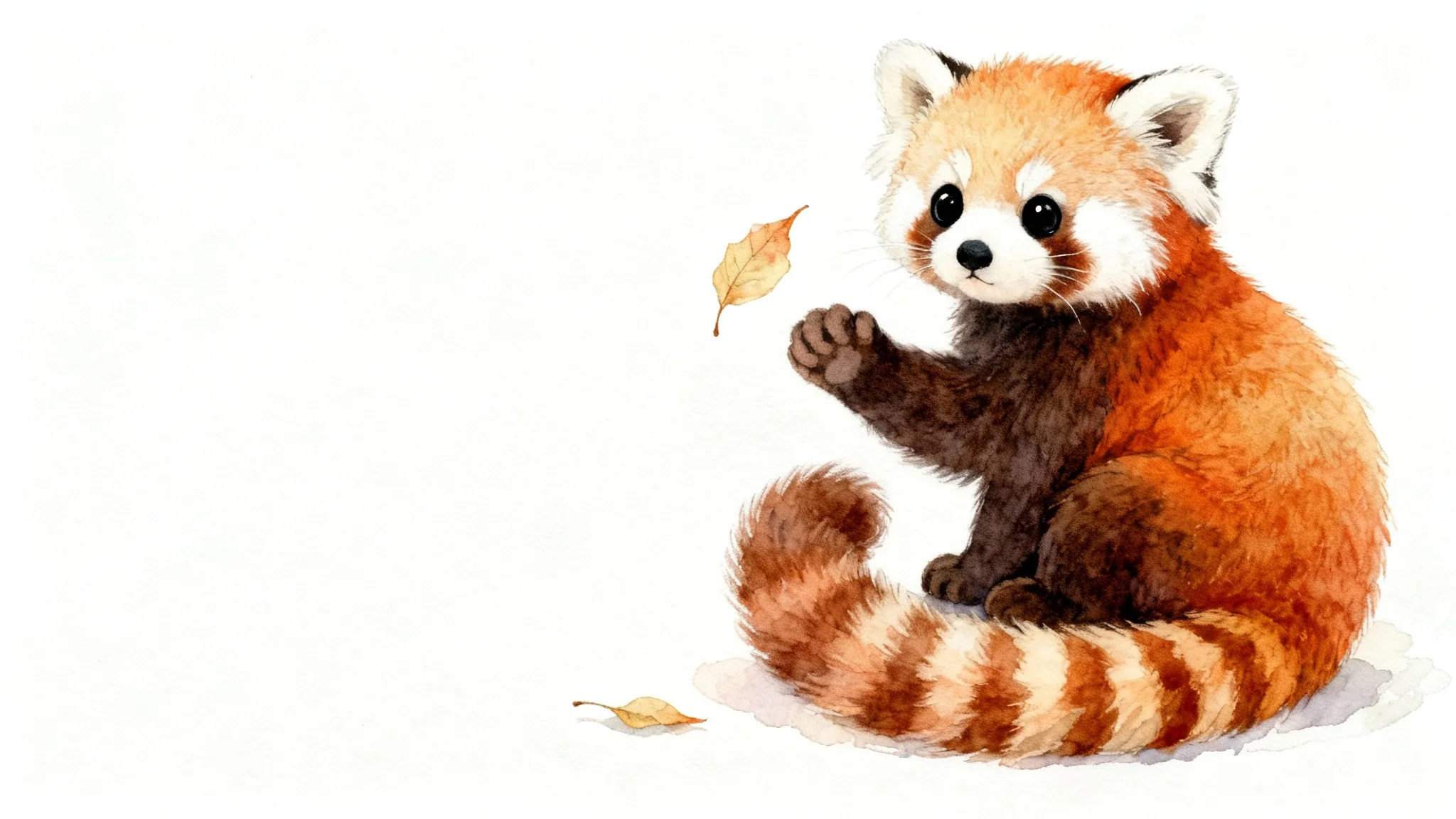 A whimsical watercolor illustration of an adorable baby red panda with fluffy fur and big eyes, playing with a leaf against a plain white background.