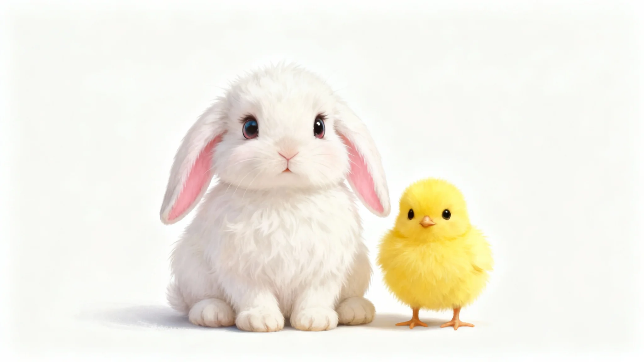 An adorable digital illustration of a fluffy white baby bunny and a small yellow chick sitting together against a plain white background.