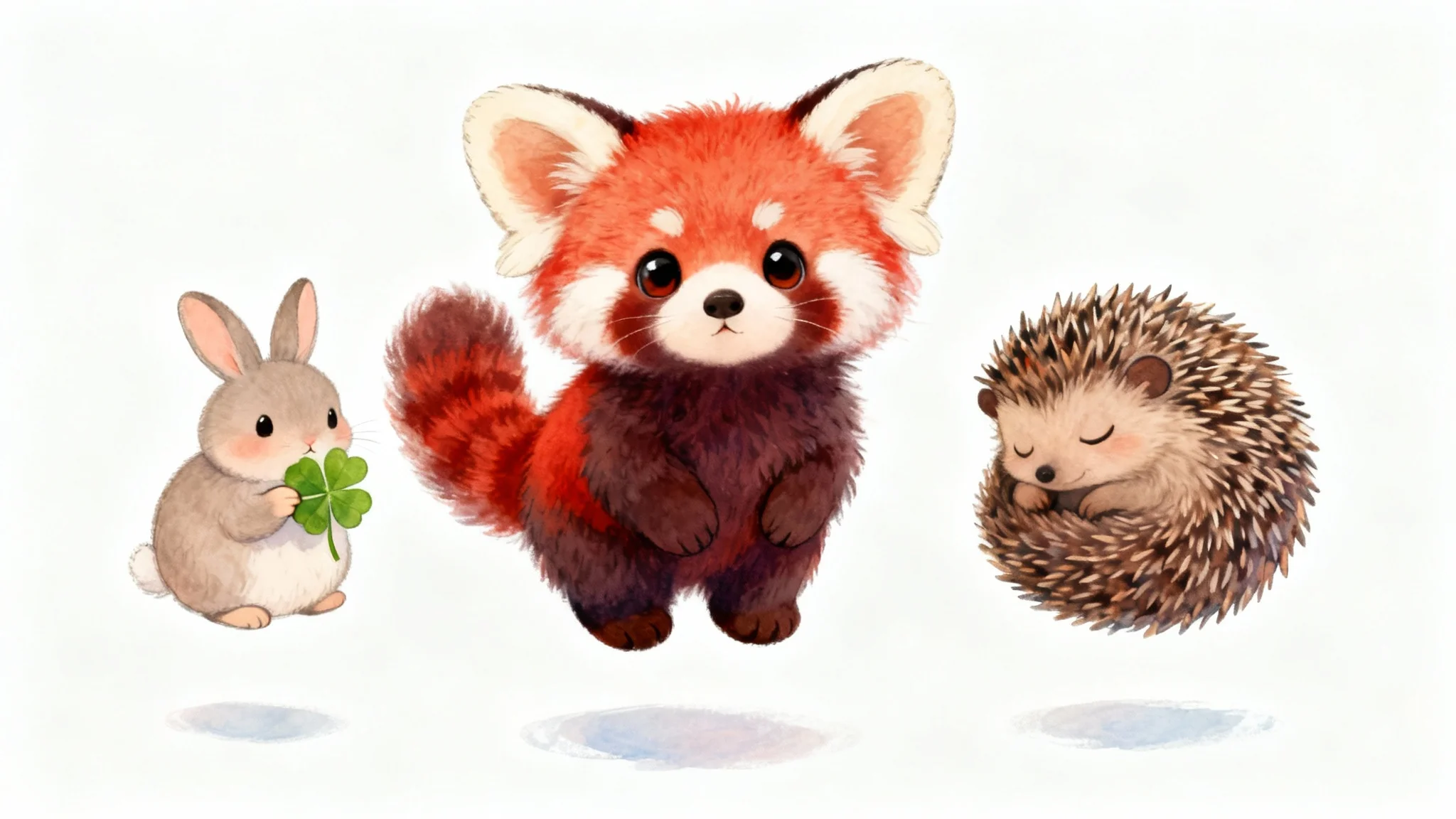 A charming children's book style illustration of a group of cute baby animals, including a red panda, a bunny, and a hedgehog, on a plain white background.