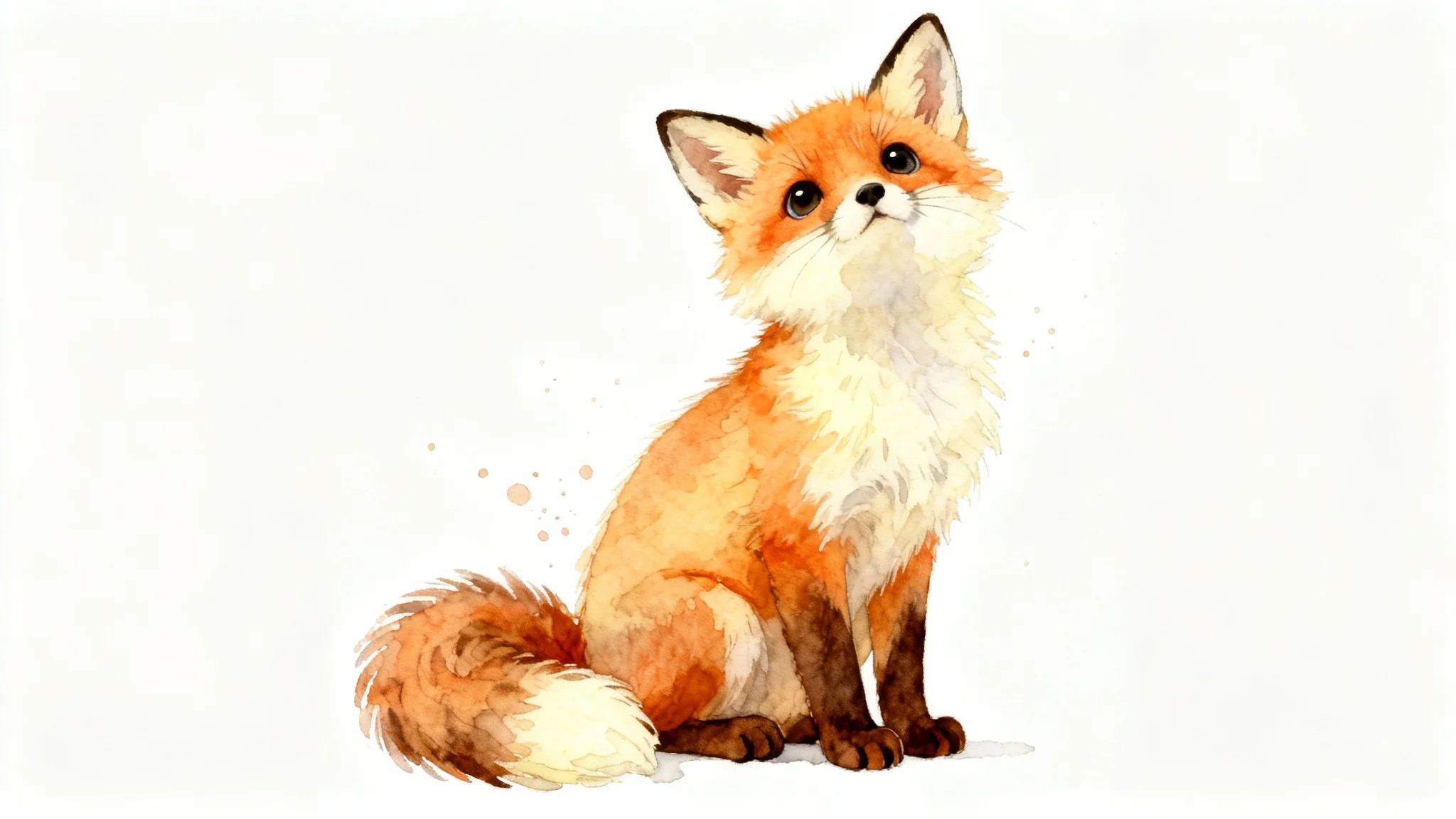 A cute watercolor illustration of a baby fox cub with big eyes, sitting with its tail curled around its feet, presented against a plain white background.