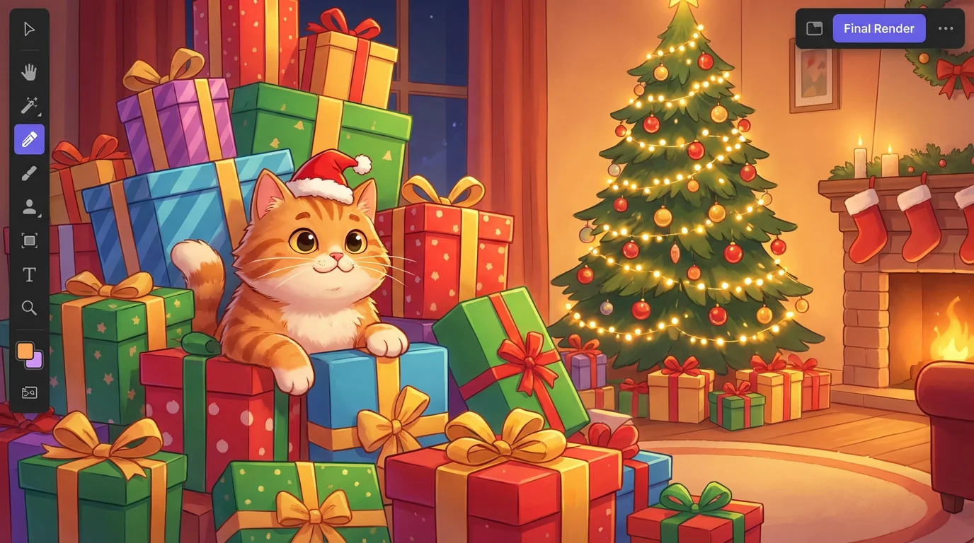 A professionally designed digital illustration showing a cute orange cat in a Santa hat surrounded by Christmas presents and a glowing tree, representing the final output of a Christmas illustration tool.
