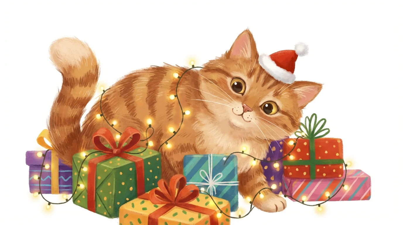A cute digital illustration of a ginger cat wearing a Santa hat, surrounded by Christmas presents and lights, on a clean white background.