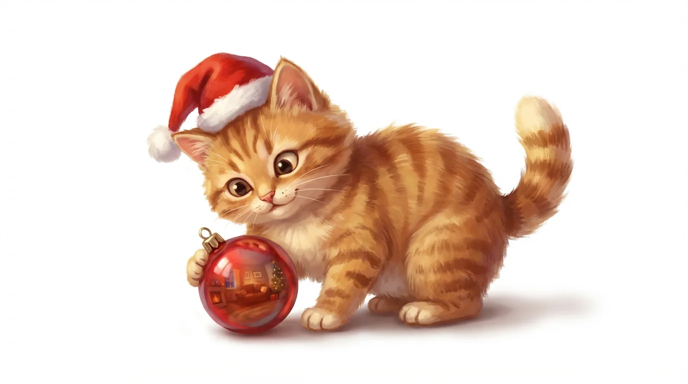 An illustration of a cute ginger cat wearing a Santa hat, sitting next to a red Christmas ornament on a white background.